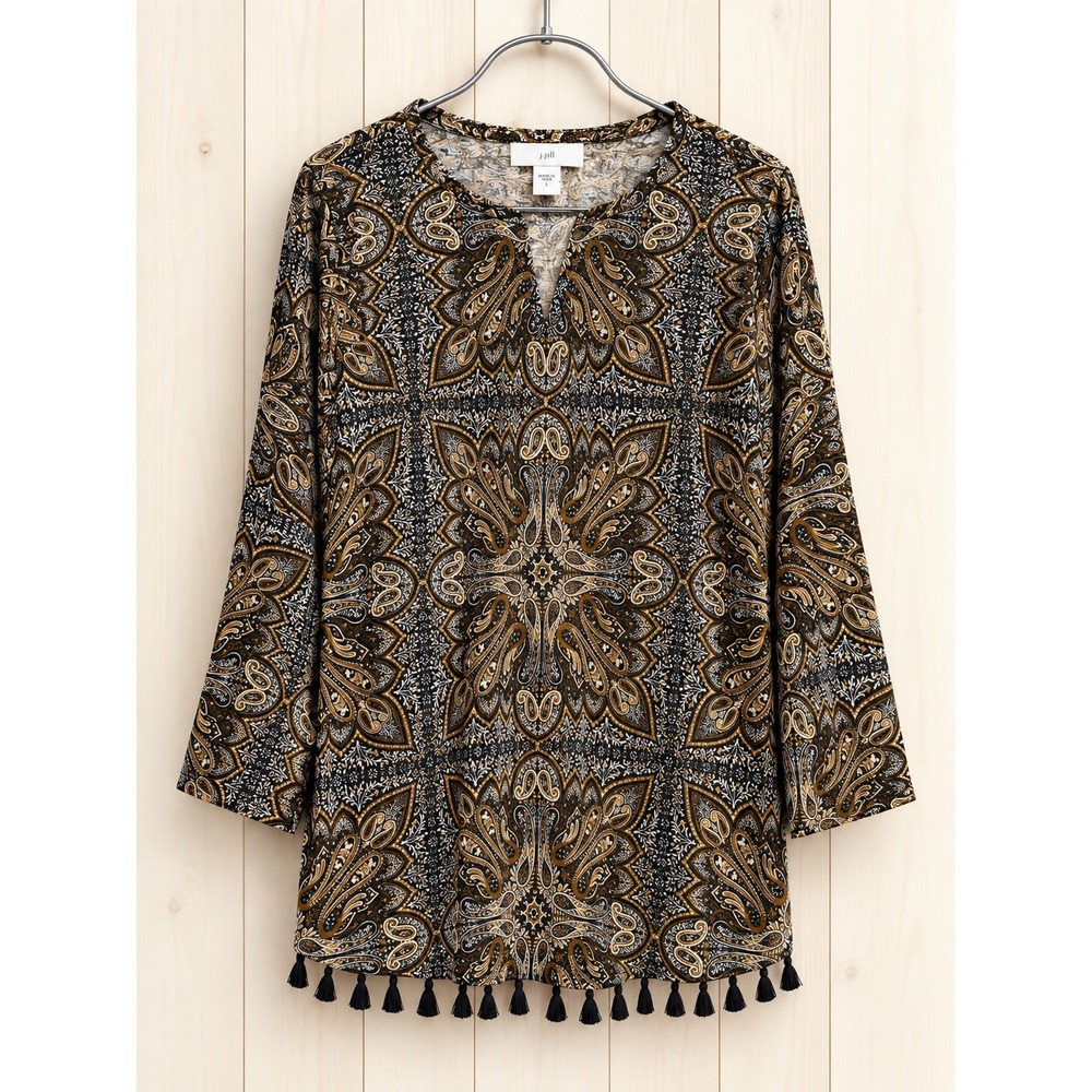 J. Jill Women Large Paisley Tassel Trim Tunic Top 3/4 Sleeve Cotton Modal Black